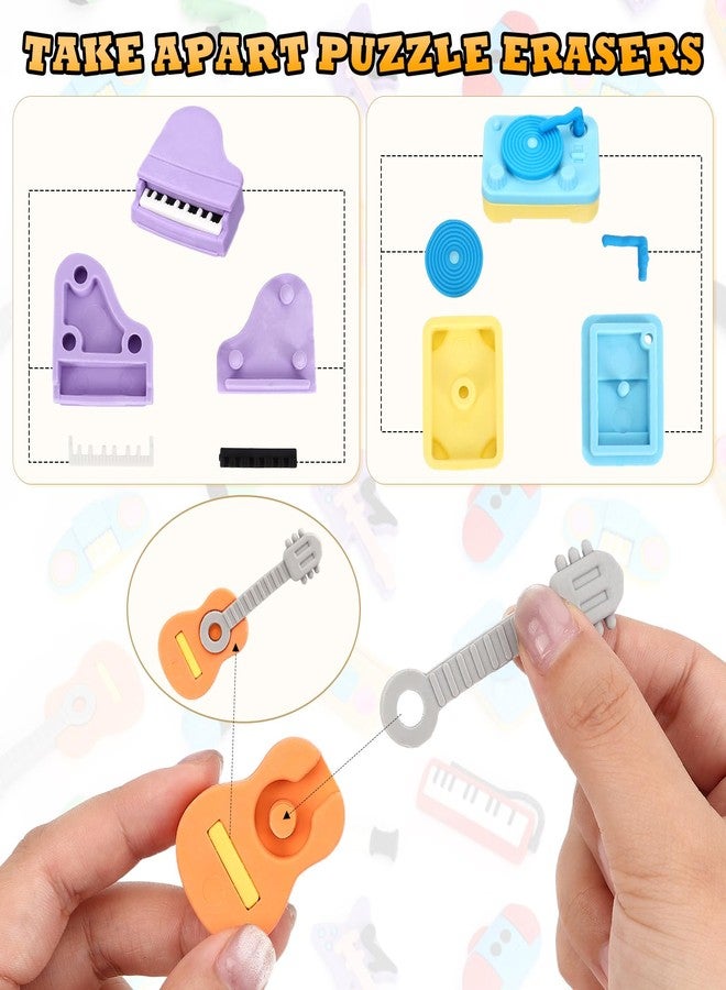 KINYFY 24 Pcs 3D Mini Musical Instrument Erasers, Cute Instrument Pencil Erasers, Fun Take Apart Musical Puzzle Eraser Bulk for Classroom Prizes, Gifts Supplies, Back to School Party Favors - Image 5